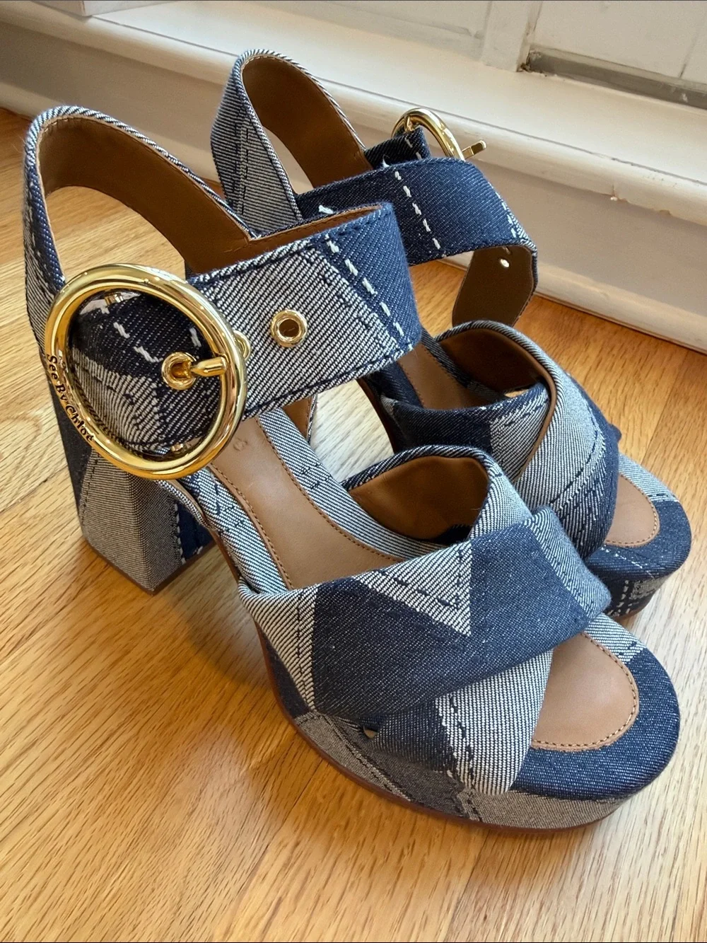 See by Chloe Platform Block Heel Sandals in Blue Denim